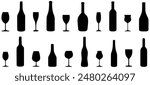 Wine bottles and glasses silhouettes set. Vector illustration