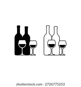 Botellas de vino y vasos simple diseño de ilustración en blanco y negro