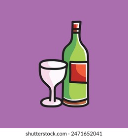 Wine Bottles and Glasses Vector Cartoon Illustration. Bar Icon Concept Isolated Premium Vector. Flat Cartoon Concept for Event. Cute Doodle Cartoon Illustration Style. Suitable for any Project