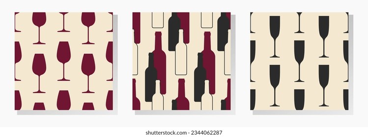 Wine bottles and glasses vector seamless patterns collection. Black and red elements on beige background. Best for textile, bar decoration, wallpapers, wrapping paper, package and web design.