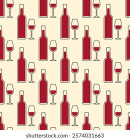 Wine bottles and glasses vector seamless pattern. Black and red elements on beige background. Best for textile, bar decoration, wallpapers, wrapping paper, package and web design.