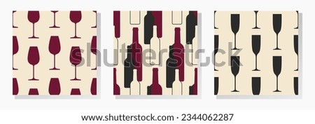 Wine bottles and glasses vector seamless patterns collection. Black and red elements on beige background. Best for textile, bar decoration, wallpapers, wrapping paper, package and web design.