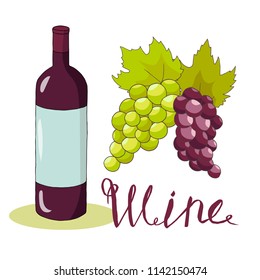 wine bottles, grape leaves, vector set isolated elements