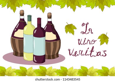 wine bottles, grape leaves, vector set isolated elements, the inscription in Latin "the truth in wine"