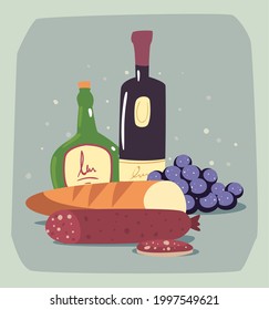 wine bottles with grapes bread and pepperoni