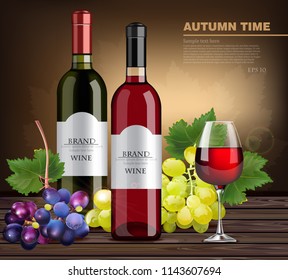 Wine bottles and grapes Vector realistic. Product packaging mock up. detailed label design layouts