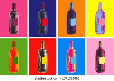 Wine Bottles Hand Drawing Vector Illustration Alcoholic Drink. Pop Art Style.