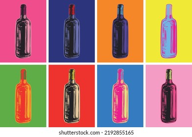 Wine Bottles Hand Drawing Vector Illustration Alcoholic Drink. Pop Art Style. Modern art