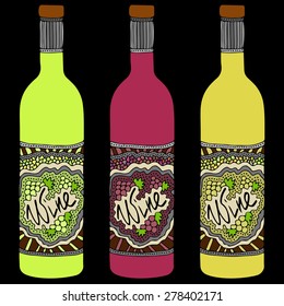 Wine bottles with hand drawn zentangle elements. Vector illustration can be used for backgrounds, web design, surface textures and other crafts.