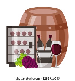 wine bottles ice bucket refrigerator cup and grapes vector illustration