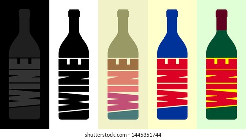 Wine bottles icon with labels, text in different color, for card design