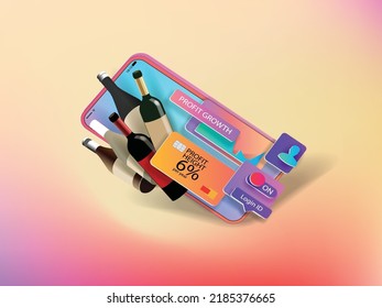 Wine bottles and the interface of the wine web store on the smartphone screen. Vector banner