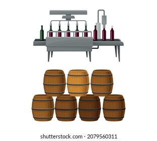 Wine Bottles Label Sticking Process with Glass Containers on Conveyor Belt and Wooden Barrel Vector Set