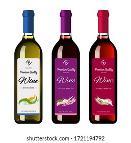 Wine bottles with labels, made in a realistic style on a white background. Three bottles. Vector illustration.