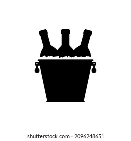 Wine bottles in a metal bucket. Vector icon flat illustration. Editable template. Black silhouette on white background.