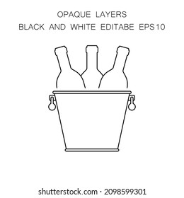 Wine bottles in a metal bucket. Vector illustration in line style. Editable template. Linear outline icon on white background.