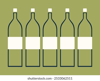 Botellas de vino sobre fondo verde. Bebidas alcohólicas, vinificación. Ilustración vectorial