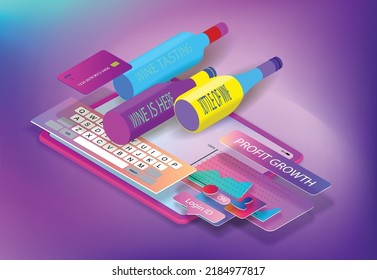 Wine bottles and an online store interface on a digital tablet screen. Vector banner