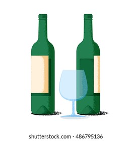 Wine bottles pair and glass flat icons with retro grainy gradient