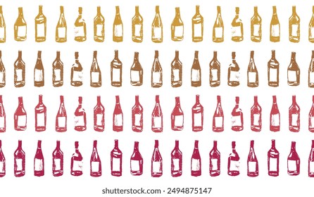 Patrón de botellas de vino sin fisuras. Esbozos de carbón dibujados a mano de vinos tintos y blancos en Vector. Diseño de marco de bodega, patrón de alcohol de uva.