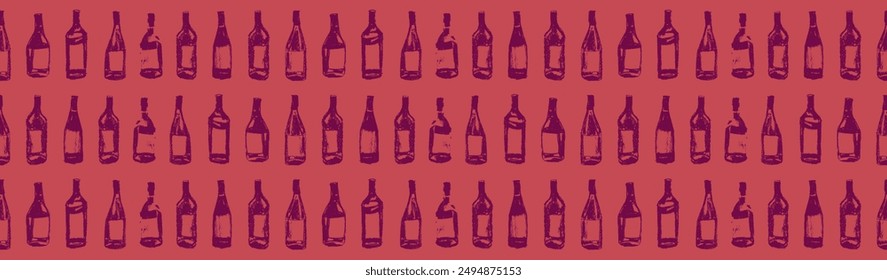 Wine bottles pattern seamless. Hand-drawn coal sketches of red wines and white wines in vector. Winery frame design, grape alcohol pattern.
