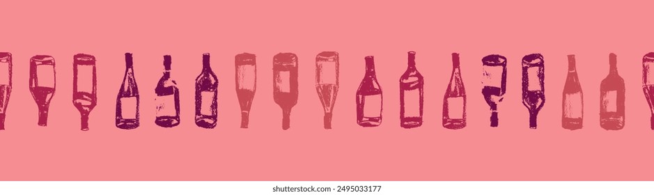 Wine bottles pattern seamless. Hand-drawn coal sketches of red wines and white wines in vector. Winery frame design, grape alcohol pattern.