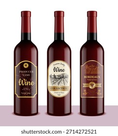 Wine bottles. red wine labels design presentation. realistic vector template