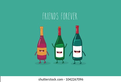 Wine Bottles, Red Wine, White Wine, Friends Forever. Use For Cards, Fridge Magnets, Stickers, Posters.