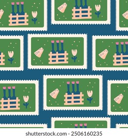 Wine bottles seamless pattern. Bento box repeat background. retro post stamps endless design. Vector hand drawn illustration.