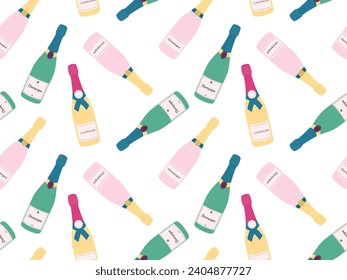 Wine bottles Seamless pattern. Doodle champagne vintage glass bottles vector