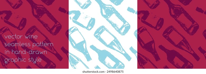 Wine bottles seamless pattern. Hand drawn pastel sketches of red wines and white wines in vector. Winery ornament design, grape alcohol pattern.