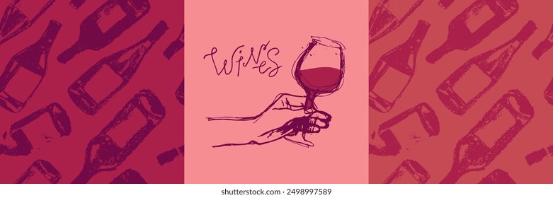 Wine bottles seamless pattern. Hand drawn pastel sketches of red wines and white wines in vector. Winery ornament design, grape alcohol pattern.