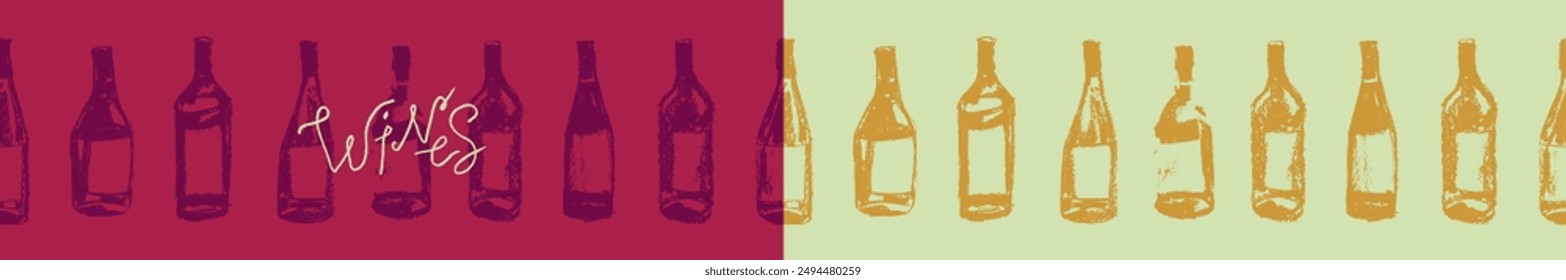Wine bottles seamless pattern. Hand-drawn coal sketches of red wines and white wines in vector. Winery frame design, grape alcohol pattern.