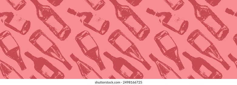 Wine bottles seamless pattern. Hand-drawn coal sketches of red wines and white wines in vector. Winery frame design, grape alcohol pattern.