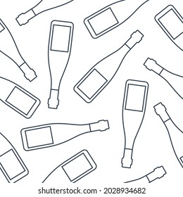Wine bottles seamless pattern. Line art style. Outline image. Randomly created repeat template. Party drinks concept. Illustration on white background. Flat design style for any purposes. Vector.