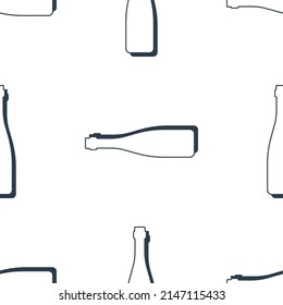 Wine bottles seamless pattern. Line art style. Outline image. Black and white repeat template. Party drinks concept. Illustration on white background. Flat design style for any purposes. Vector.
