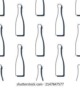 Wine bottles seamless pattern. Line art style. Outline image. Black and white repeat template. Party drinks concept. Illustration on white background. Flat design style for any purposes. Vector.