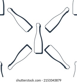 Wine bottles seamless pattern. Line art style. Outline image. Black and white repeat template. Party drinks concept. Illustration on white background. Flat design style for any purposes. Vector.
