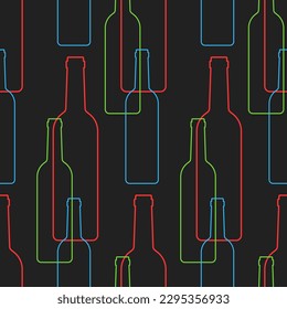 Wine bottles seamless pattern. Neon color line elements on black background. Best for textile, bar decoration, wallpapers, wrapping paper, package and web design.