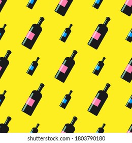 wine bottles seamless pattern on yellow background