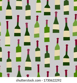 Wine bottles seamless pattern. Simple flat doodle drinks isolated on gray background. Perfect vector texture for restaurant or bar menu. Modern illustration about alcohol, party, celebration.