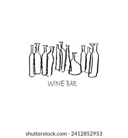  Wine bottles set made in vector. Easy to use for signs or logo wine bar, restaurant, wine list. Hand drawn illustration. Real pastel texture sketch. 