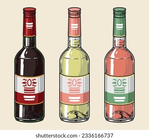 Wine bottles set sticker colorful with red and white or rose wine for alcohol bottle packaging design vector illustration