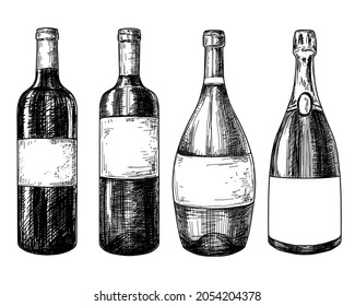 Wine bottles sketch ink graphic set illustration, draft silhouette drawing, black on white line art. Vintage etching drink design.	