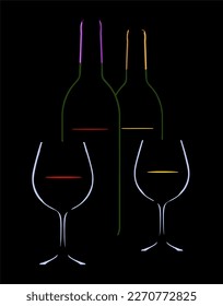 Wine bottles and stemware wine glasses are seen with red and white wine inside in a minimalist style vector image.
