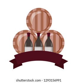 wine bottles and three barrels