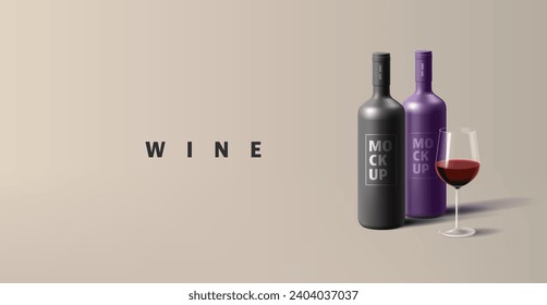 Wine bottles with wine transparent glass and red wine isolated. minimal concept label design, advertising promo poster