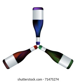 wine bottles trio, abstract composition; vector art illustration