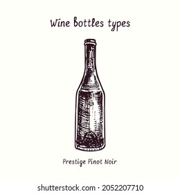 Wine bottles types collection, Prestige, Pinot Noir. Ink black and white doodle drawing in woodcut style.