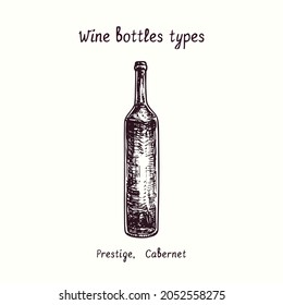 Wine Bottles Types Collection, Prestige Cabernet. Ink Black And White Doodle Drawing In Woodcut Style.